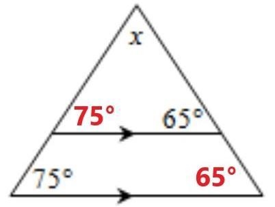 (Sat prep) find the value of x, 65 degrees and 75 degrees isosceles triangle.-example-1