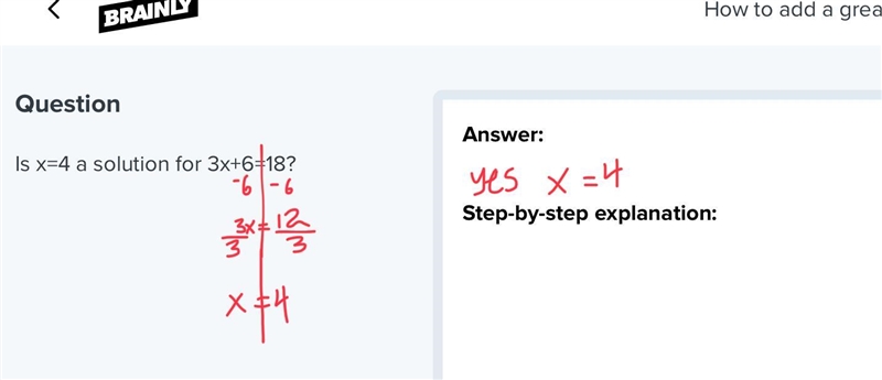 Is x=4 a solution for 3x+6=18?-example-1