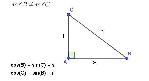 In right triangle ABC, m∠B ≠ m∠C. Let sin B = r and cos B = s. What is sin C – cos-example-1