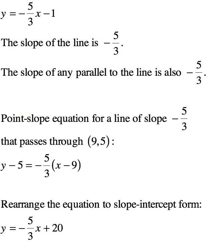 write a equation in slope intercept form that is parallel to the line y=-5/3x-1 and-example-1