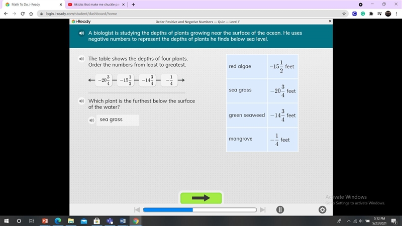 Which plant is the furthest below the surface of the water? A. sea grass B. green-example-1