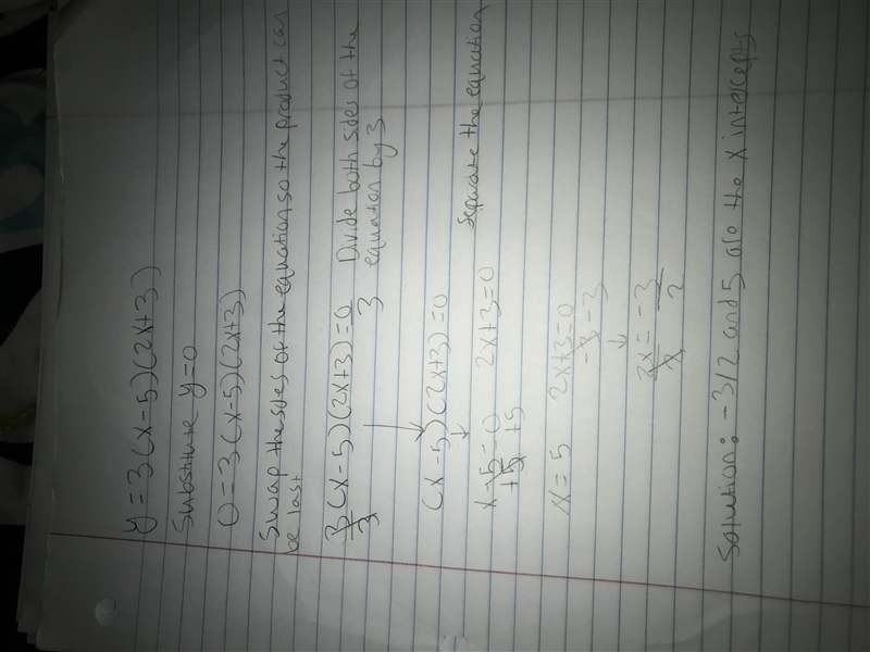 Use the Zero Product Property to find the x-intercepts for y=3(x−5)(2x+3)-example-1