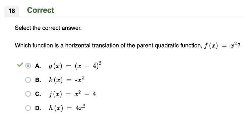 18 Select the correct answer. Which function is a horizontal translation of the parent-example-1