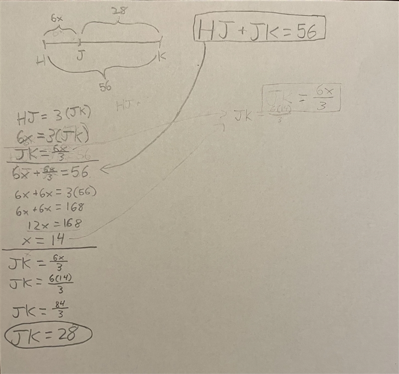 HJ is three times JK. J is between H and K. If HJ= 6x and HK = 56, find JK.-example-1