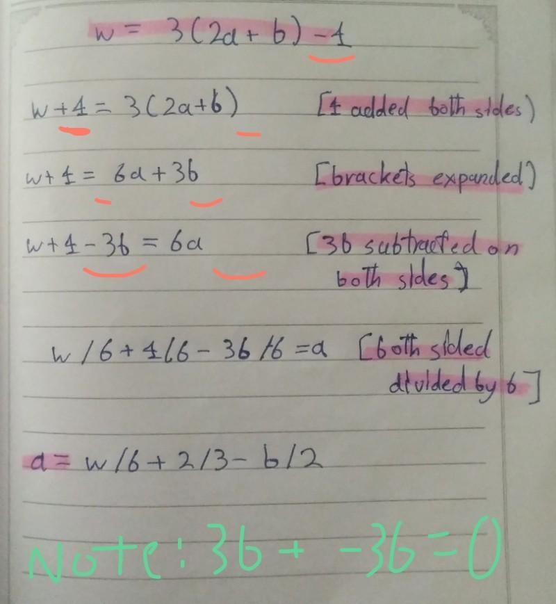 Rearrange W=3(2a+b)-4 to make a the subject-example-1