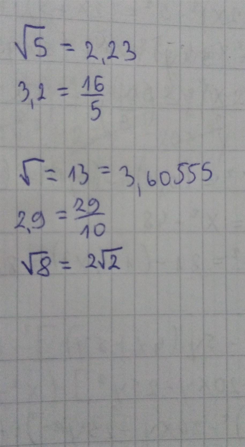 Place the numbers below in order from least to greatest. √5, 3.2, √13, 2.9, √8-example-1