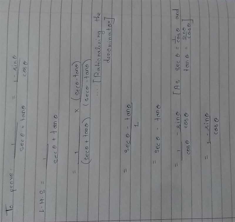 Prove that 1 by sec theta + tan theta equals to 1 minus sin theta by cos theta ​-example-1