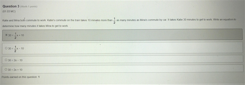 Katie and mina both commute to work. Katie's commute on train takes 10 minutes more-example-1