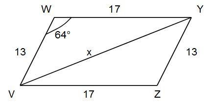 A parallelogram has side lengths of 13 and 17 and an angle that measures 64°. Parallelogram-example-1