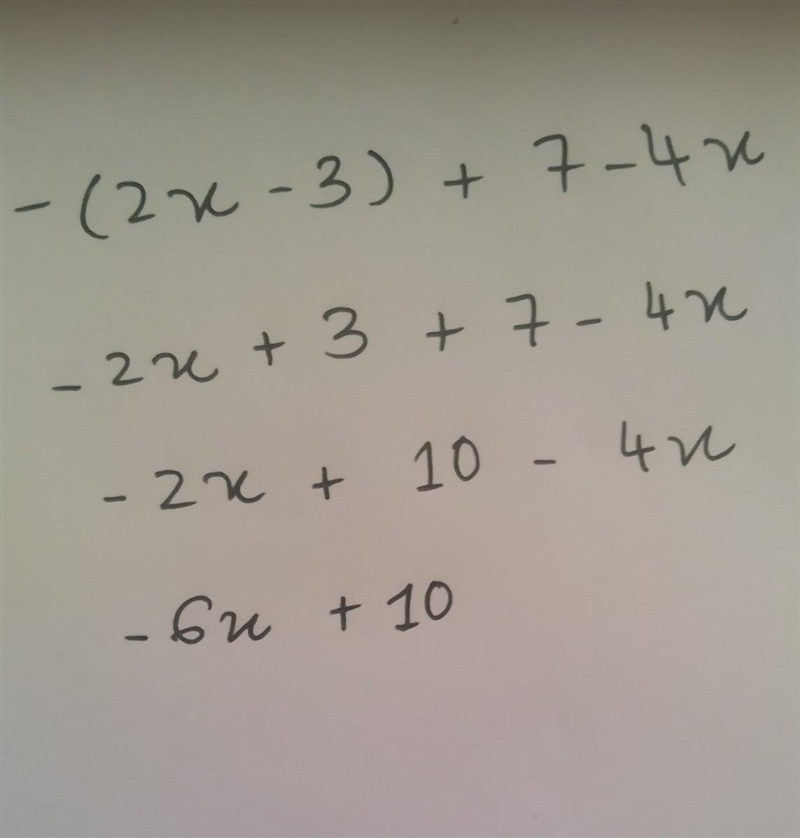 Simplify -(2x-3)+7-4x-example-1