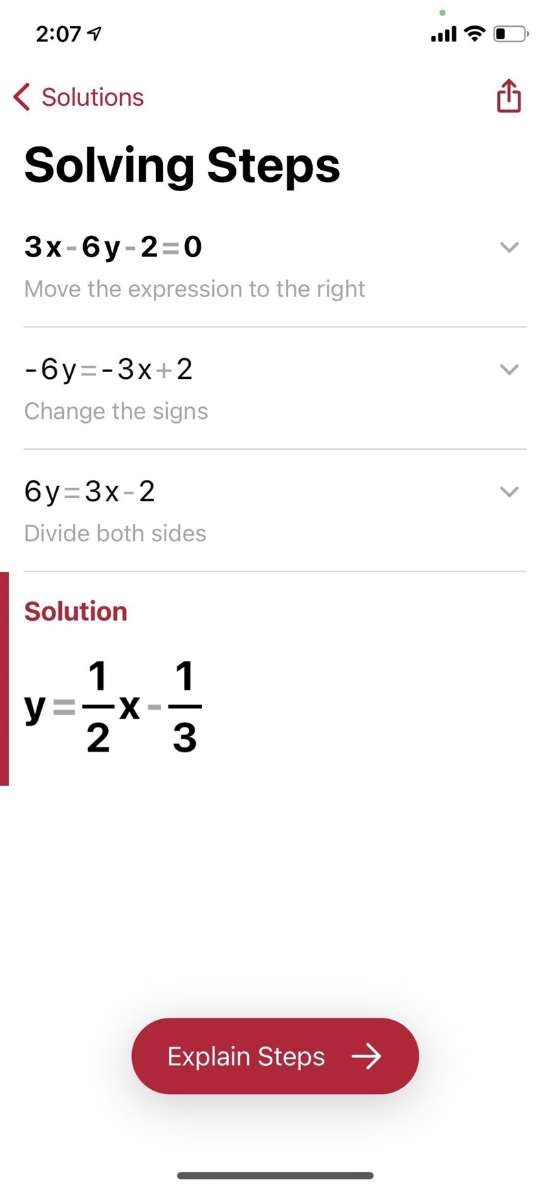 The equation 3x-6y-2=0 in slope-intercept form is?-example-1