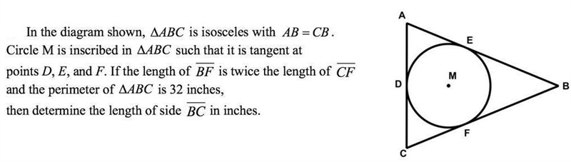 Triangle ABC is isosceles with AB=CB. Circle M is inscribed in Triangle ABC such that-example-1