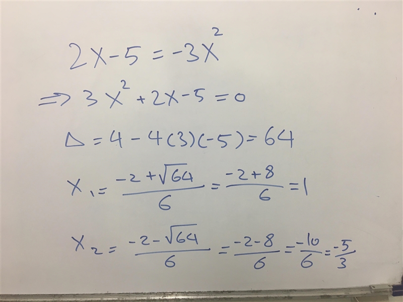 Select the two values of x that are roots of this equation. 2x-5=-3x2-example-1