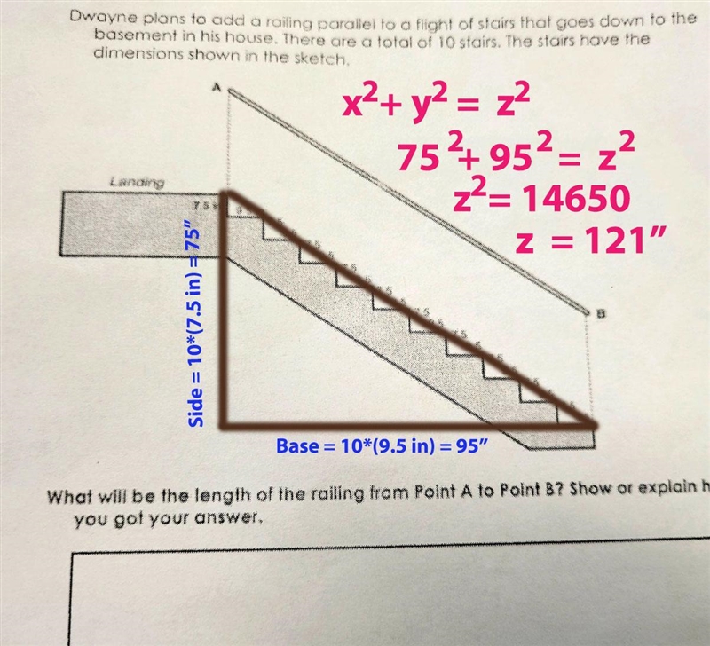 Dwayne plans to add a railing parallel to a flight of stairs that goes down to the-example-1