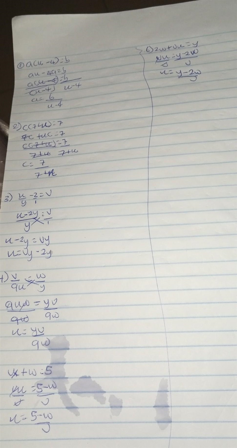 Please make x the subject for these questions a(x-4)=b c(7+x)=7 x/y-2 = v v/9x = w-example-1