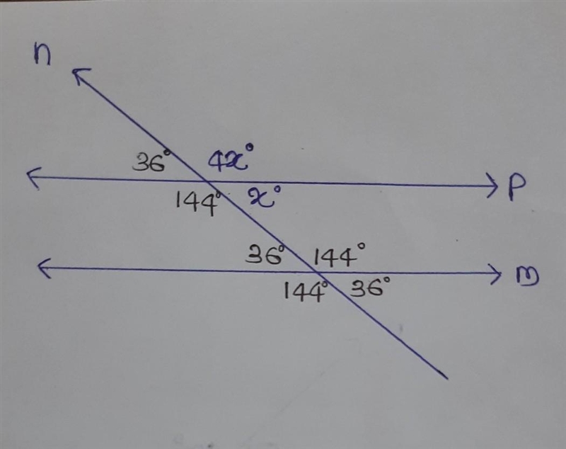 PLEASE HELP lines m and p are cut by the transversal n. determine the value of x. write-example-1