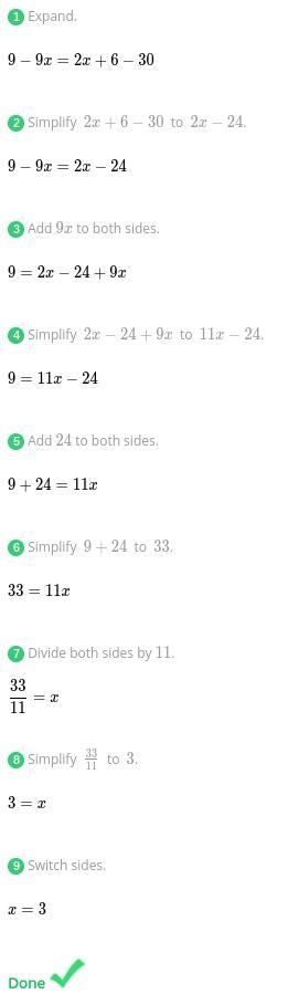 What is the solution for 3(3-3x) = 2(x+3) - 30-example-1