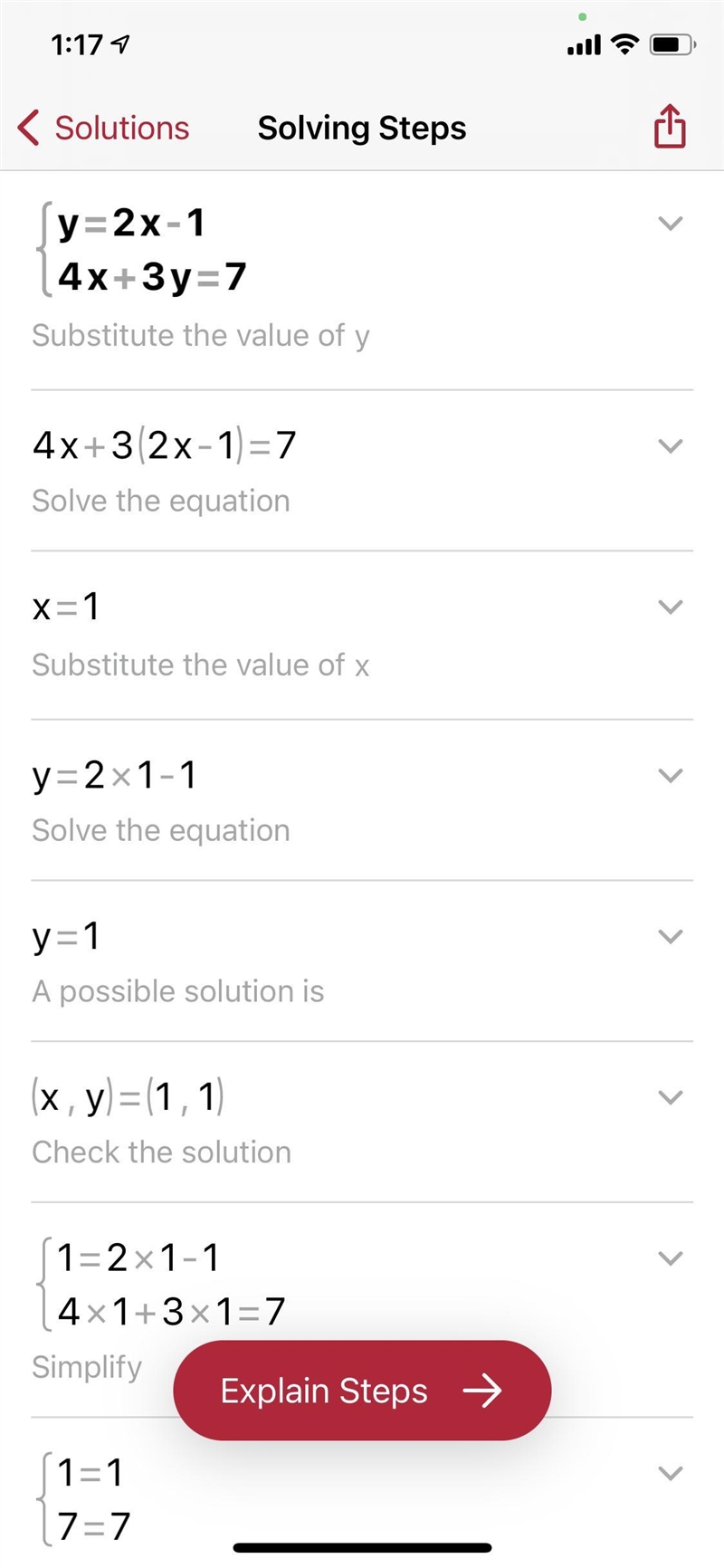 Solve the system using substitution Y = 2X – 1 4x + 3y = 7-example-1