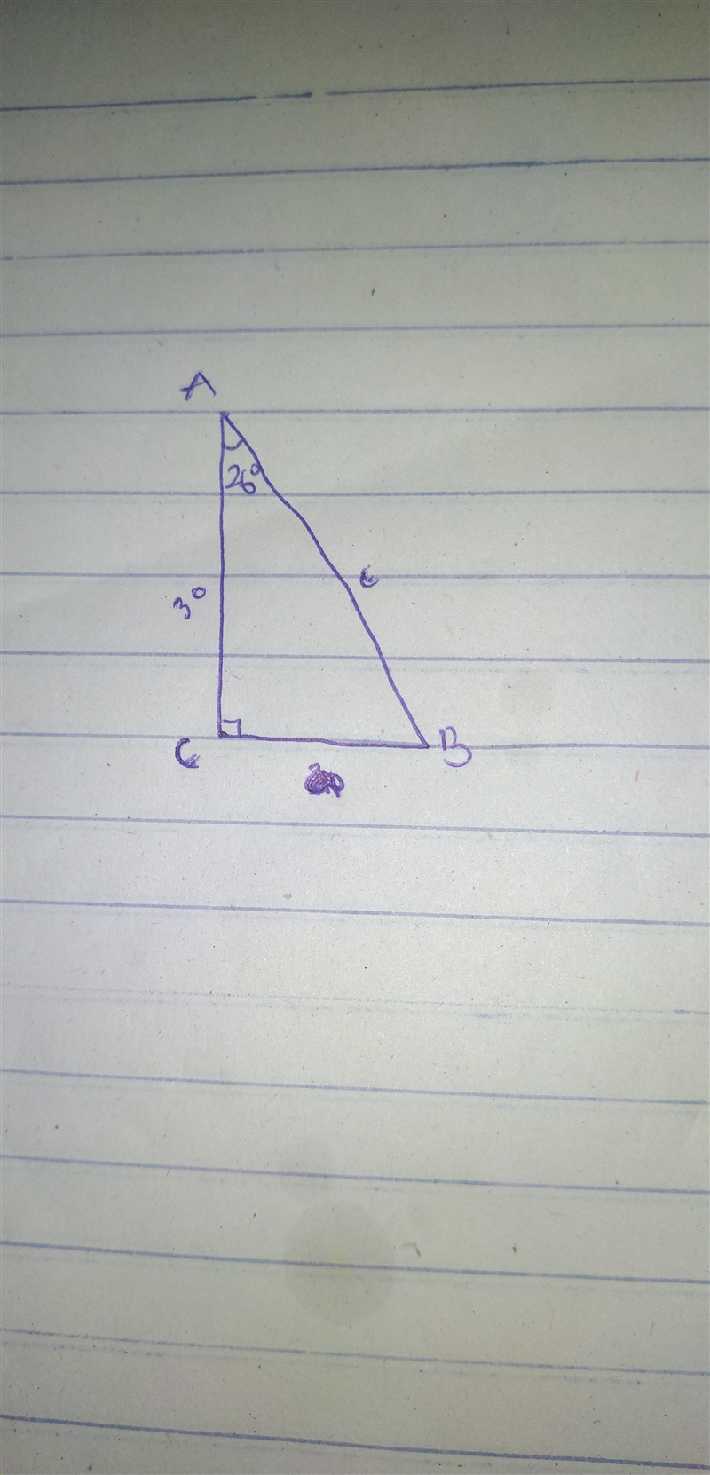 A ∆ has Č = 90°, Â = 26° and = 30, Find the Angle BC, Side AB and BC.-example-1