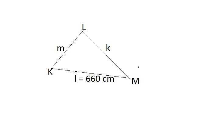 In ΔKLM, l = 660 cm, ∠L=107° and ∠M=18°. Find the length of k, to the nearest 10th-example-1