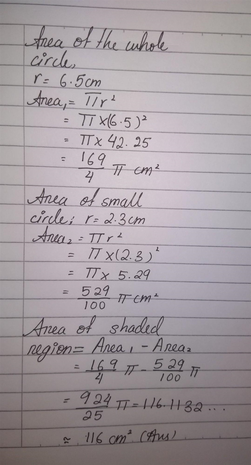 Wer Calculate the shaded area. Give your answer to 3 significant figures. 6.5 cm 2.3 cm-example-1