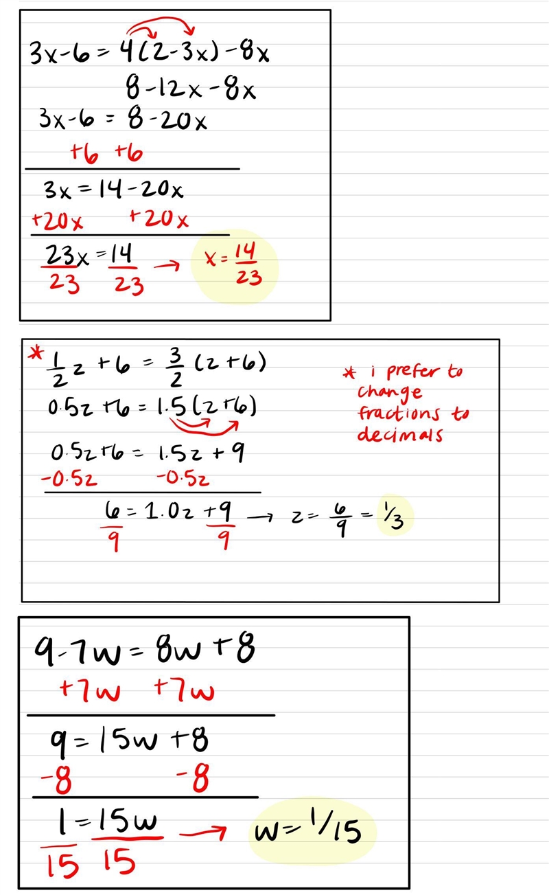 6. Solve each equation and check your solution. 3x - 6 = 4(2 - 3x) - 8x 1/2z + 6 = 3/2(z-example-1