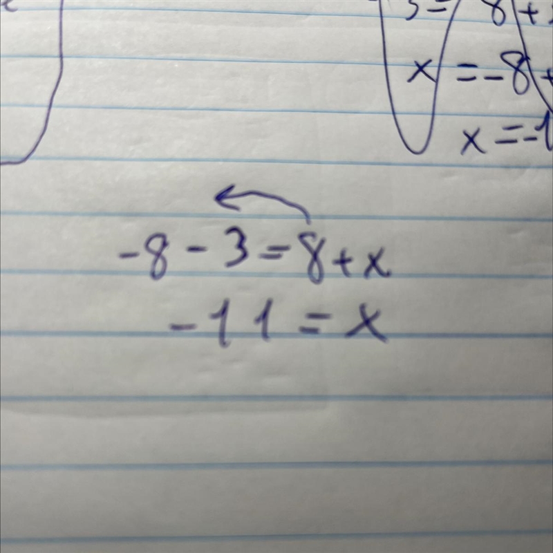 What operation is in the equation below? -3=8+x-example-1