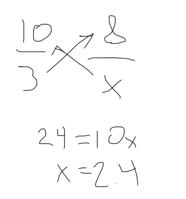 Which of the following is the solution to the equation 10/3=8/x A)1 7/8 B)2 2/5 C-example-1