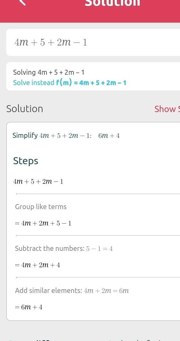 Simplify the expression 4m+5+2m-1-example-1