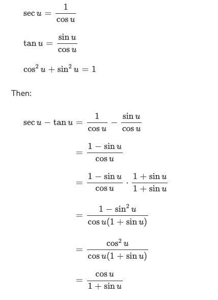 Please Help. Pre calc Establish the Identity : sec u +tan u =cos u/1-sin u-example-1