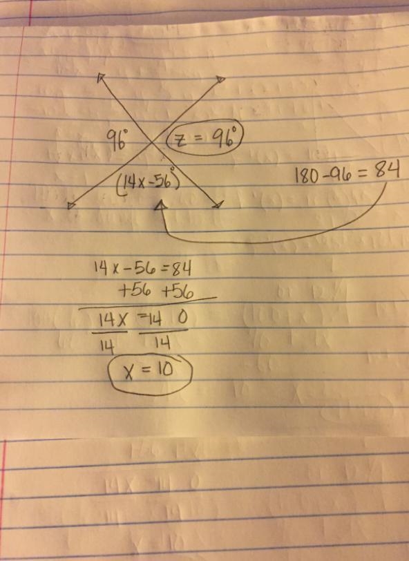 Given the figure below, find the values of x and z. (8x - 20) (5x + 28)-example-1