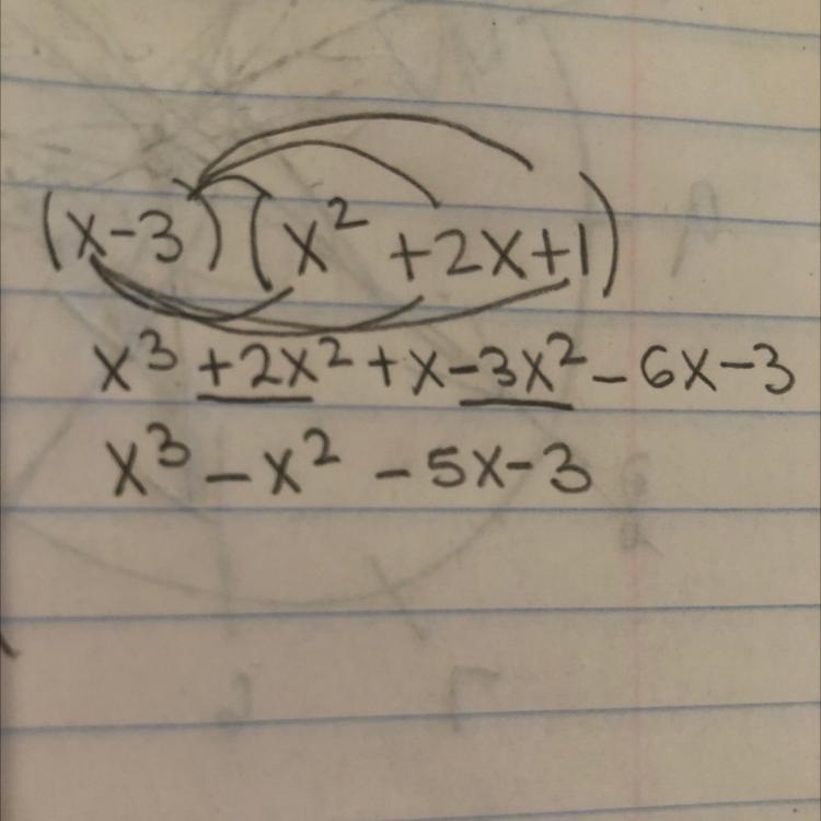 Multiply the polynomials. (x-3)(x^2+2x+1)-example-1