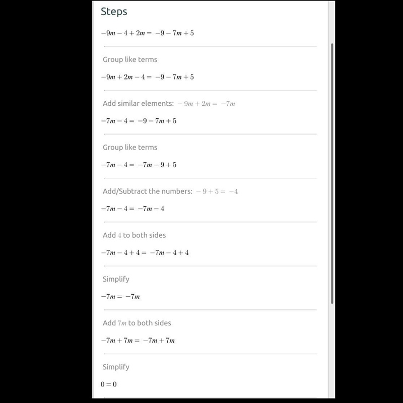 Solve - 9m-4+2m= -9-7m+5, and interpret the results.-example-1