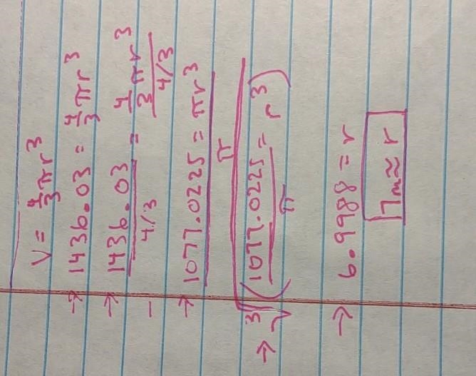 A sphere has a volume of 1,436.03m^3, what is the approximate length of its radius-example-1