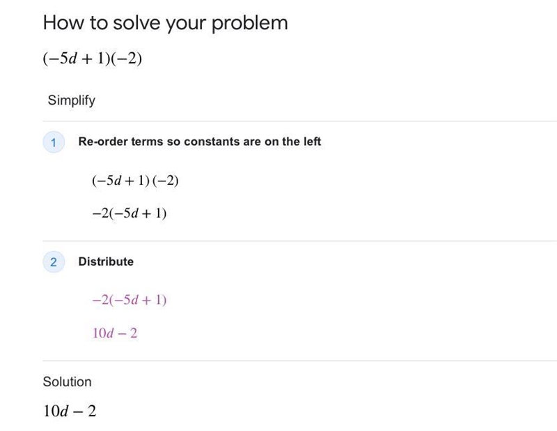 Use the distributive property to simplify each expression. (-5d + 1) (-2)-example-1