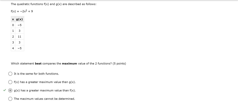 PLEASE HELP!!!! The quadratic functions f(x) and g(x) are described as follows: f-example-1