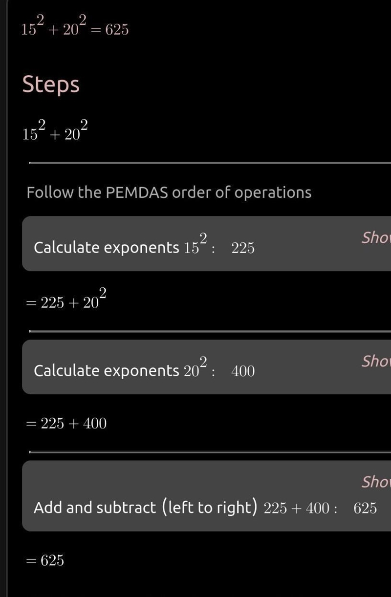 solve \: 15 {}^(2) + 20 {}^(2) = {?} ​-example-1