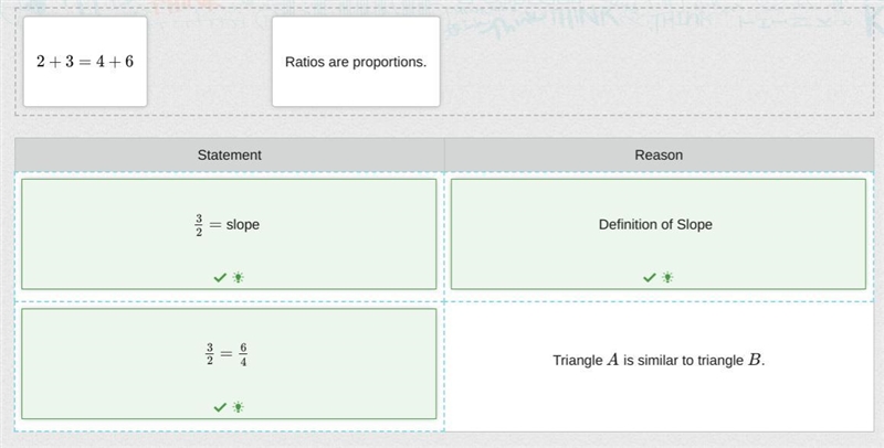 Drag statements and reasons to each row to show why the slope of the line between-example-1