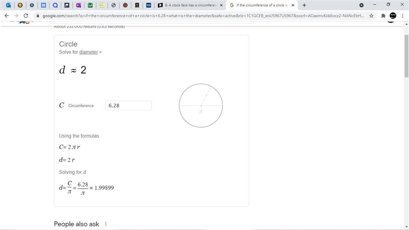 8. A clock face has a circumference of 6.28 feet. What is the diameter of the clock-example-1