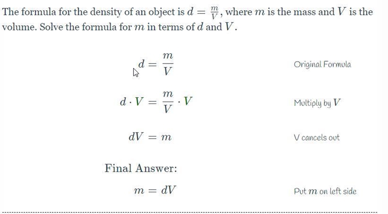 The formula for the density of an object is d = , where m is the mass and V is the-example-1