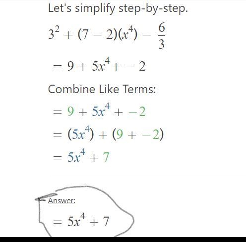 Evaluate 3^2 + (7 - 2) x 4 -6/3-example-1