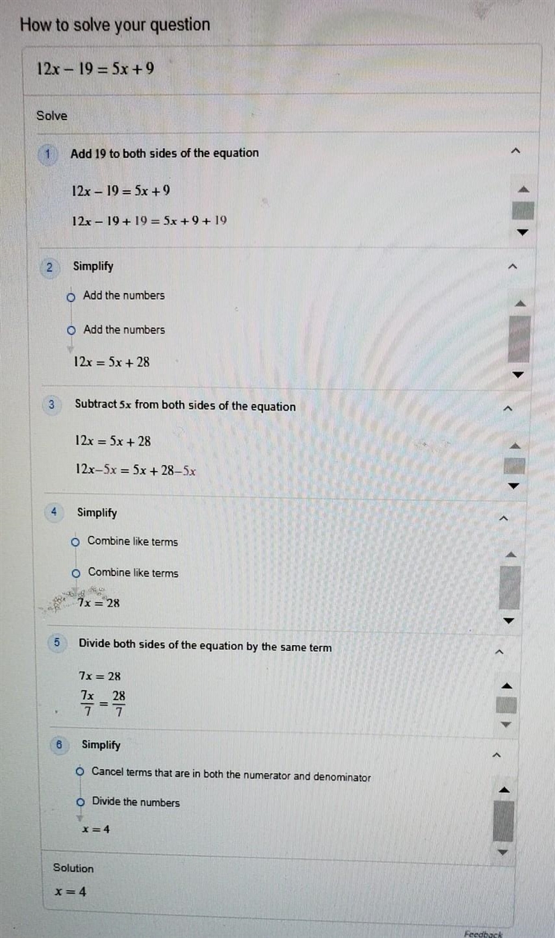 Solve 12x-19=5x+9......please show working​-example-1