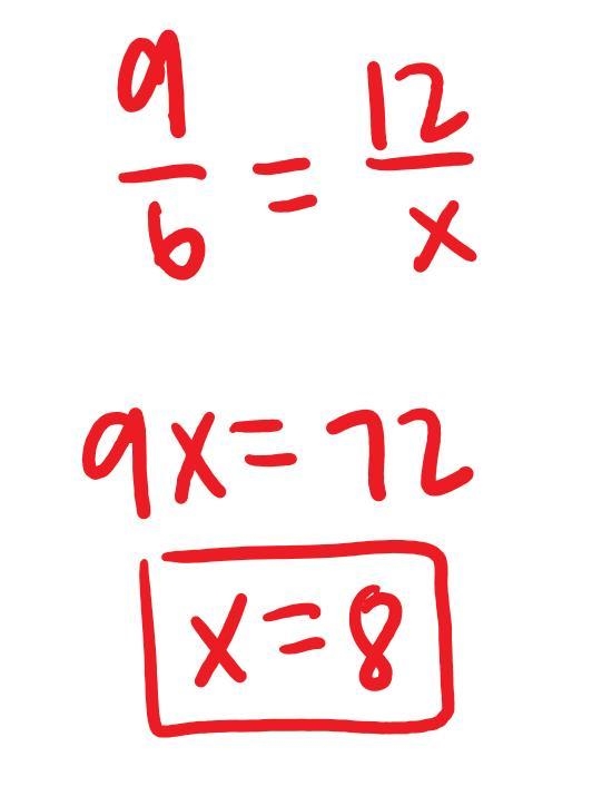 What is the value of x? Original 9 inches - 6 feet Enlargement 12 inches - x feet-example-1