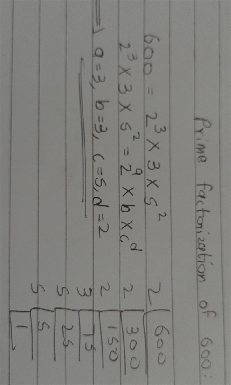 600 can be written as 2^a« bxc^d where a, b, c and d are all prime numbers. Find the-example-1