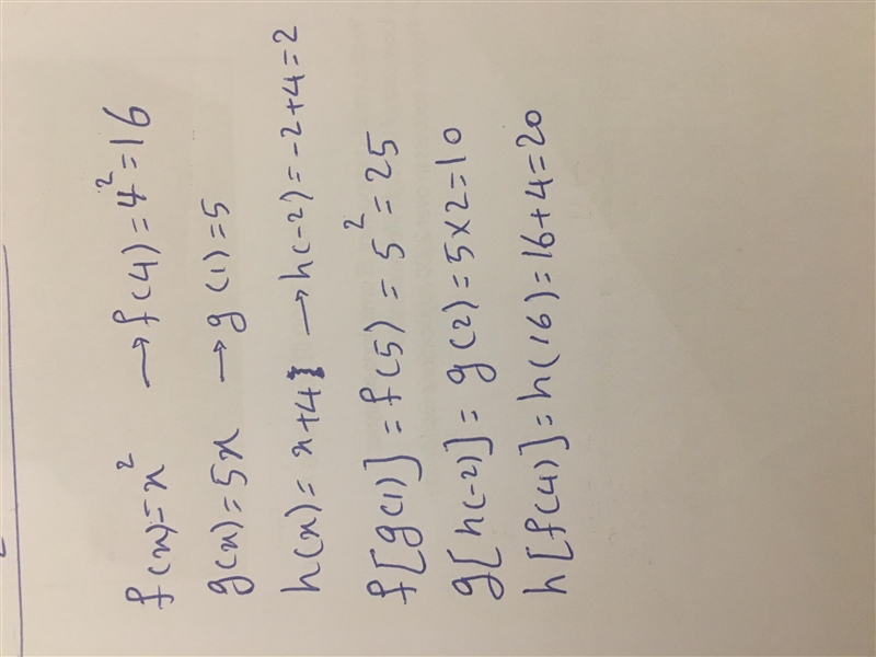 If f(x) = , g(x) = 5x, and h(x) = x + 4, find each value. h[f(4)], g[h(–2)], f[g(1)]. pls-example-1