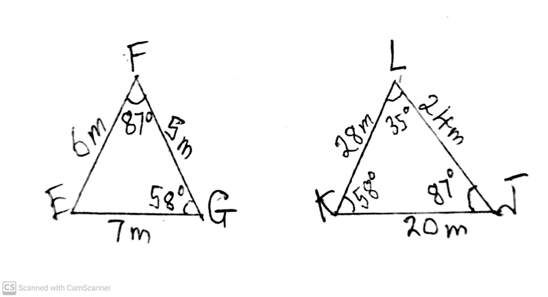 Triangle E F G. Side E F is 6 meters, F G is 5 meters, E G is 7 meters. Angle F is-example-1