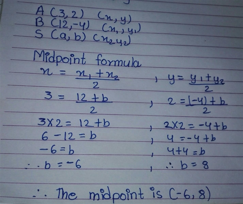 Find the midpoint between A(3,2) and B(12,-4)-example-1