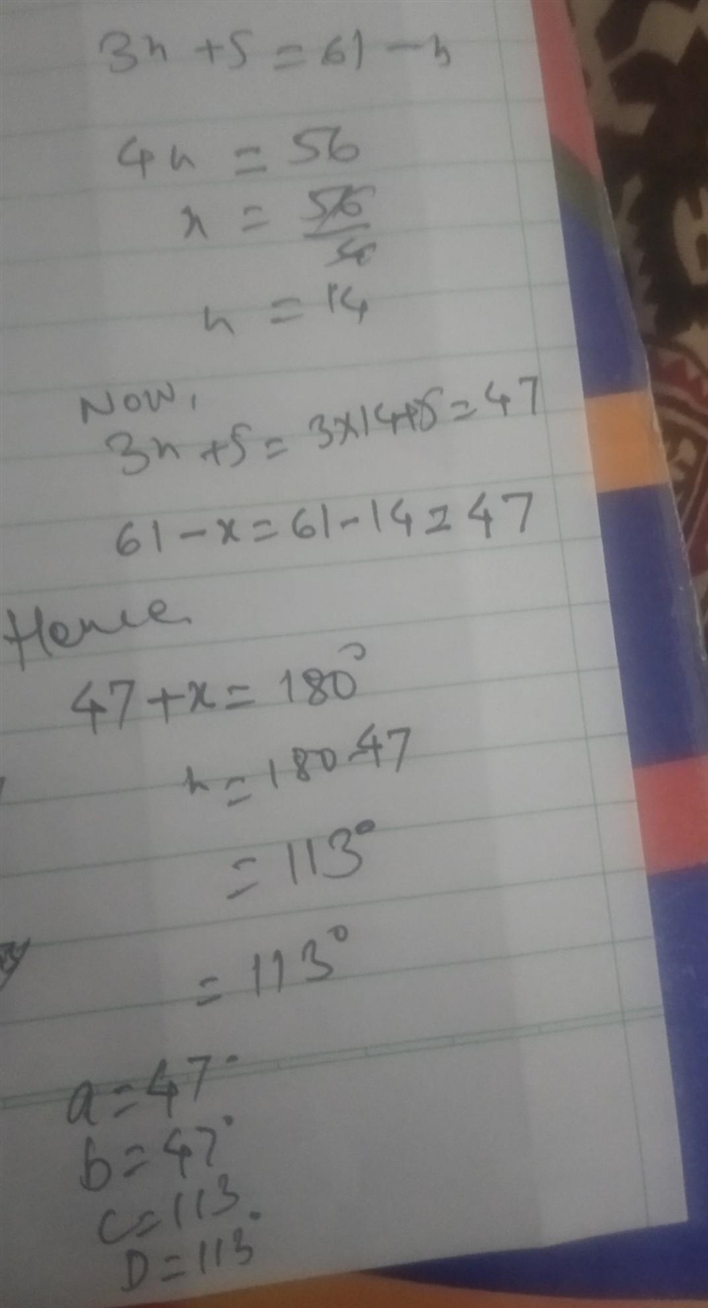 The opposite angles of a parallelogram are (3x + 5)° and (61 – x)°. Find the measure-example-1