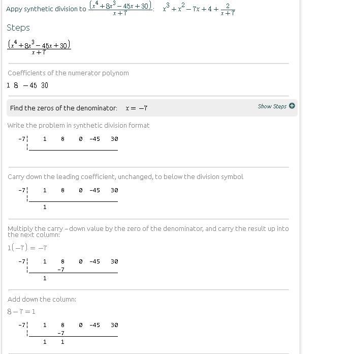 (x⁴ + 8x³ - 45x + 30) ÷ (x + 7) Topic is Polynomials. Find the answer using long division-example-3