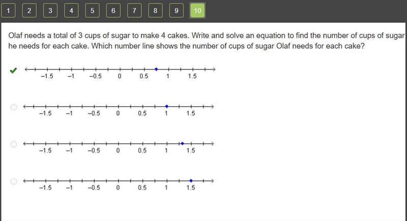 Olaf needs a total of 3 cups of sugar to make 4 cakes. Write and solve an equation-example-1